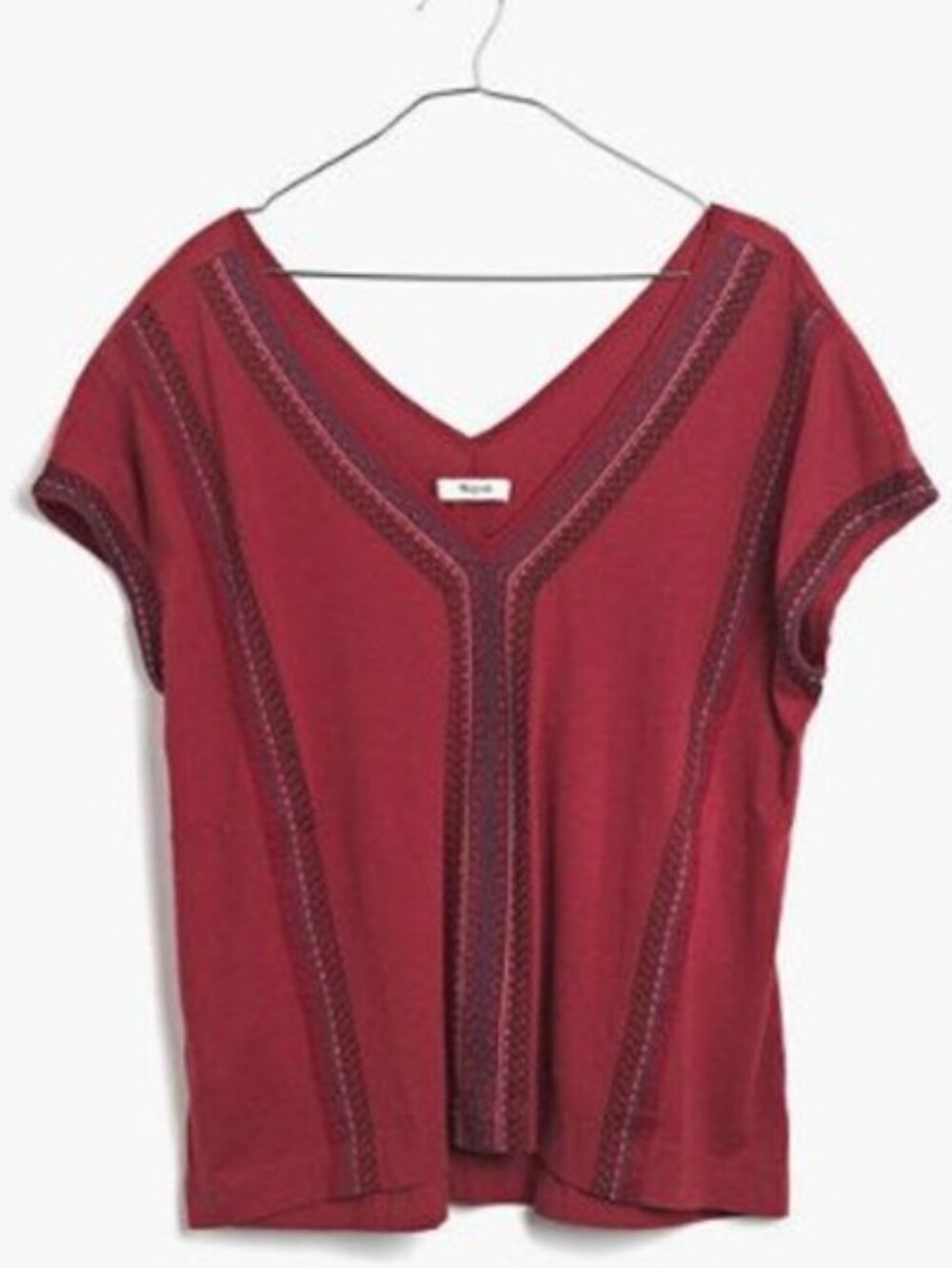 Madewell Tangier Burgundy Embroidered V Neck Tee T-shirt Top